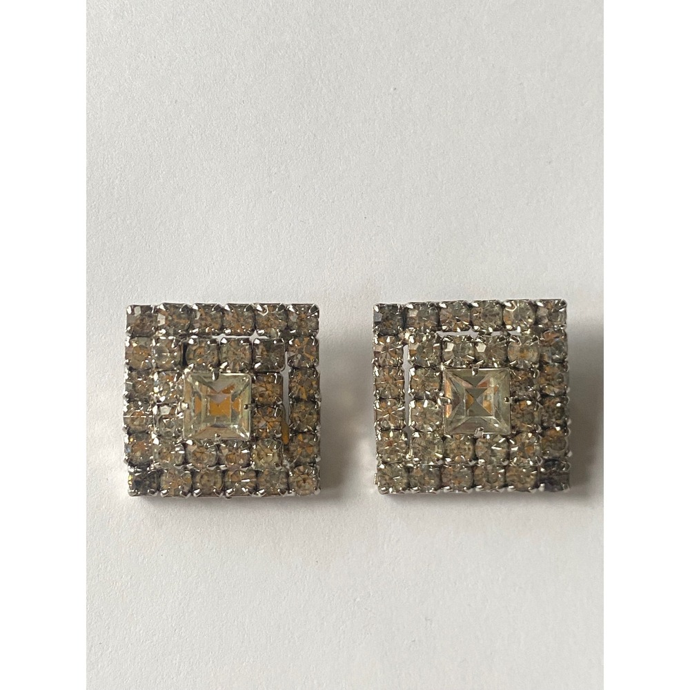 Vintage Square Rhinestone Clip On Earrings Silver Tone Mid Century Statement